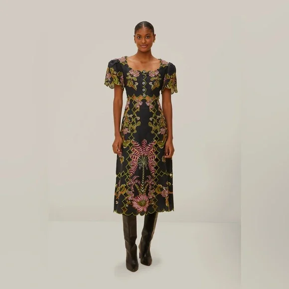knee length dresses for ladies Black Ravenala Short Sleeve Maxi Dress – FARM Rio main image 0